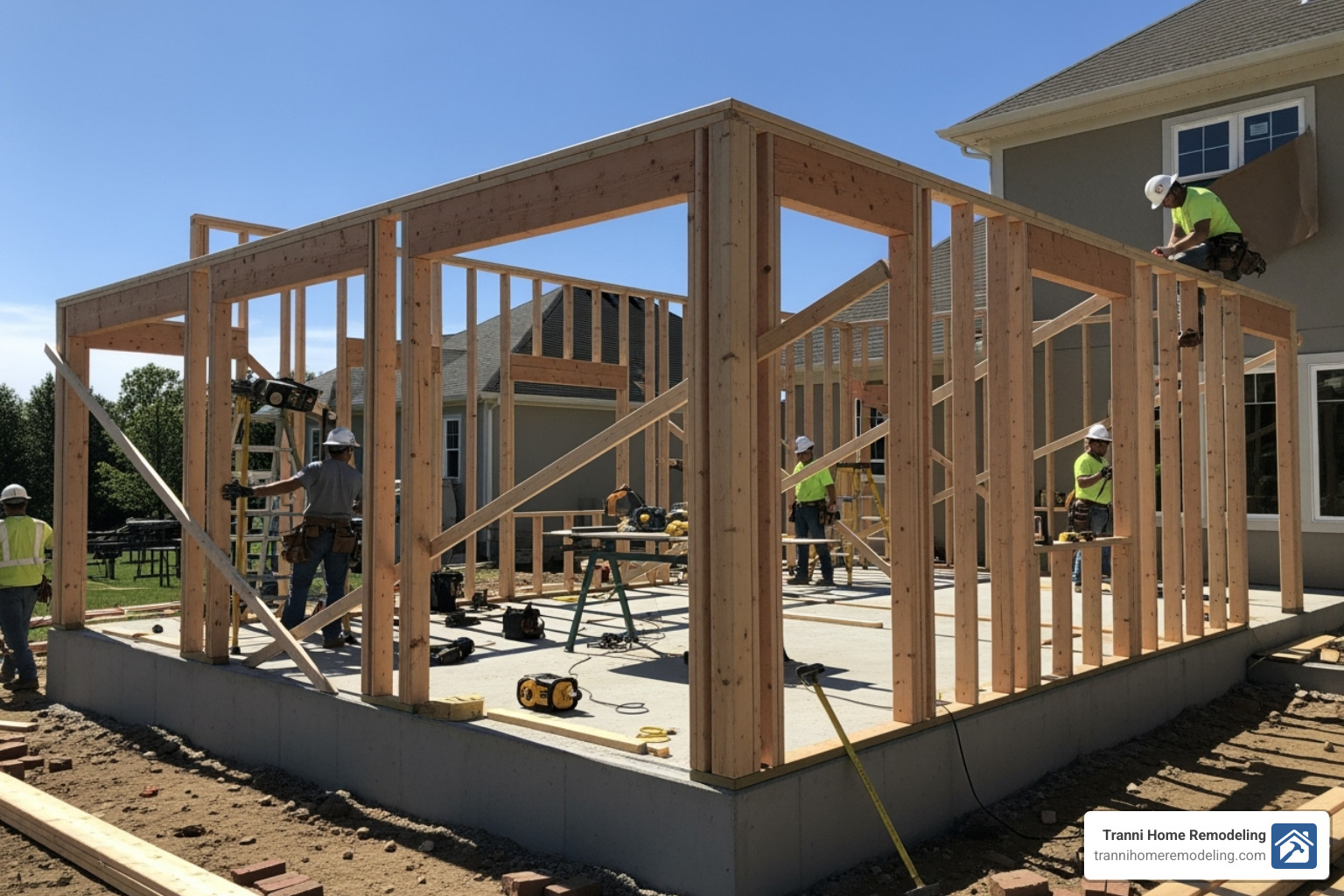 sunroom addition in progress, showing the foundation and framing - sunroom addition contractors