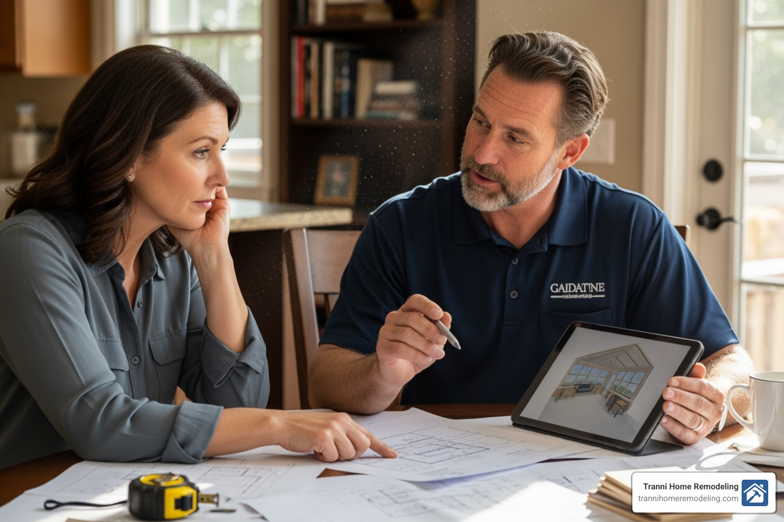 professional contractor discussing plans with a homeowner - sunroom addition contractors