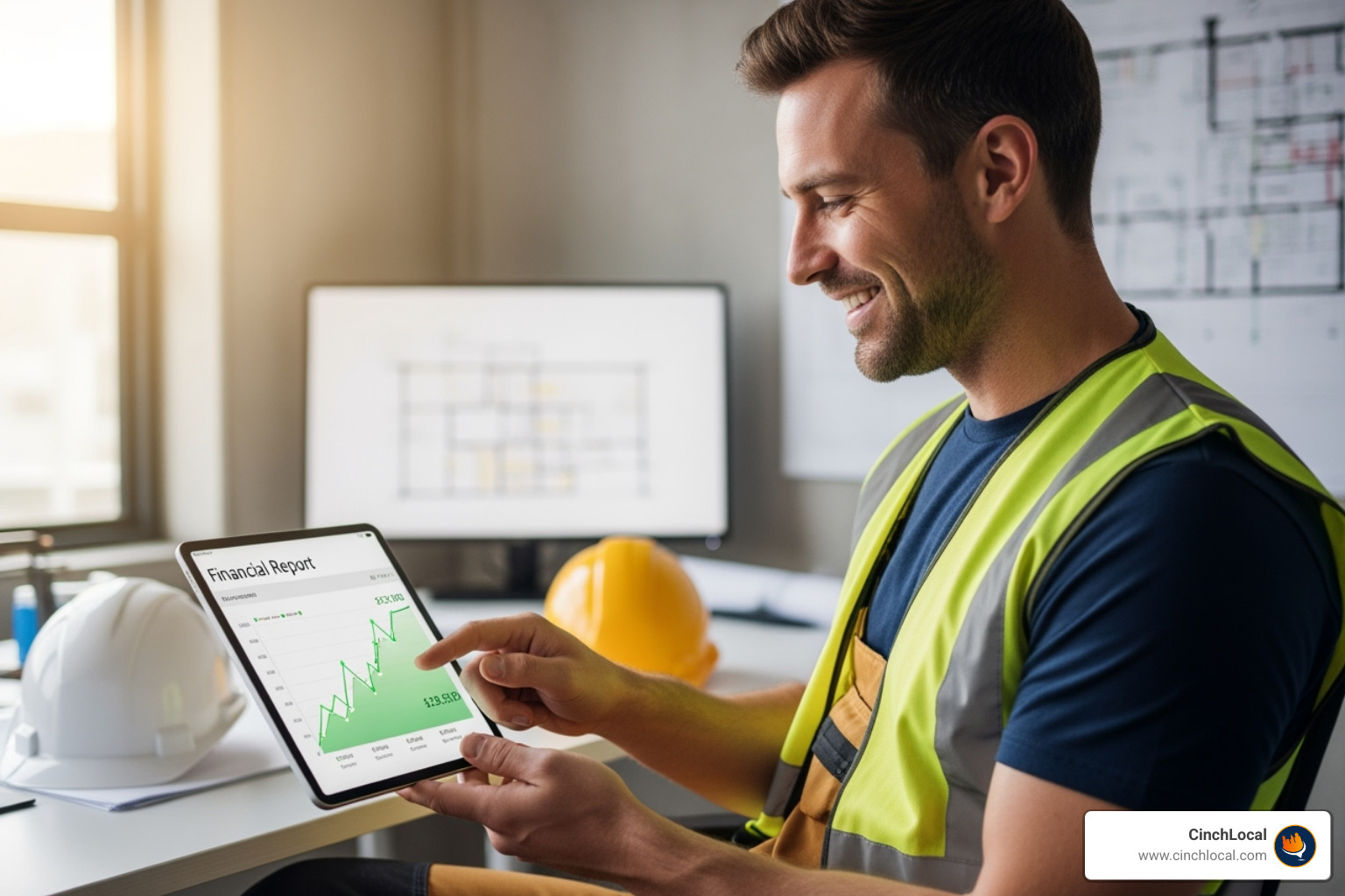 contractor smiling looking at report showing positive ROI - contractor marketing agency