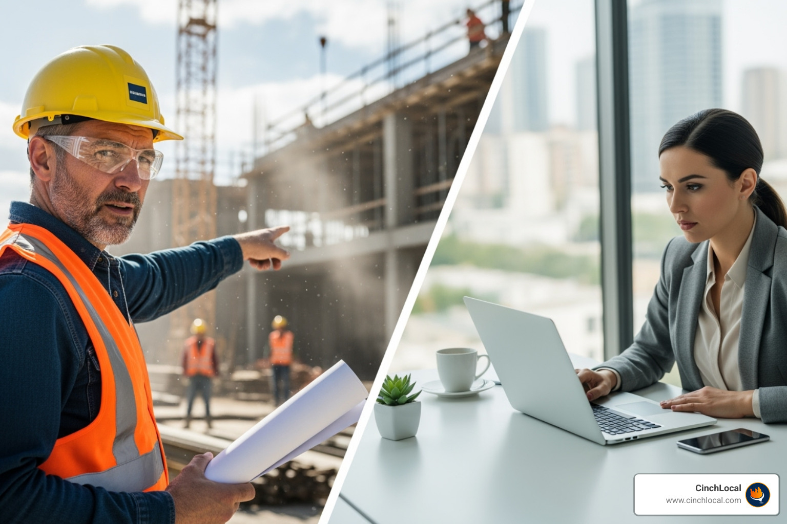 contractor on job site vs marketing professional at desk - contractor marketing agency