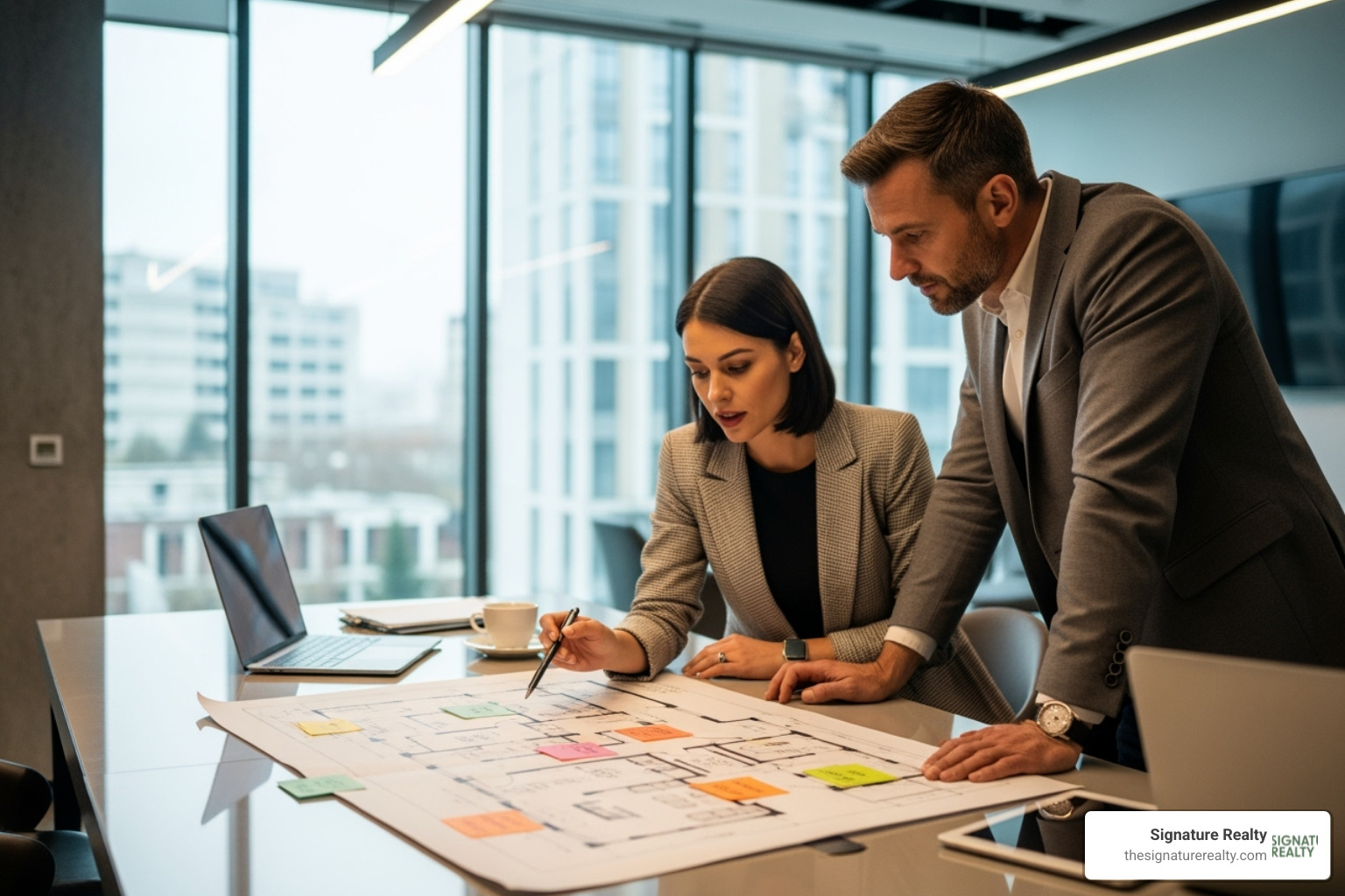 business owner reviewing a floor plan with an agent - retail space for rent miami fl business owner reviewing a floor plan with an agent - retail space for rent miami fl