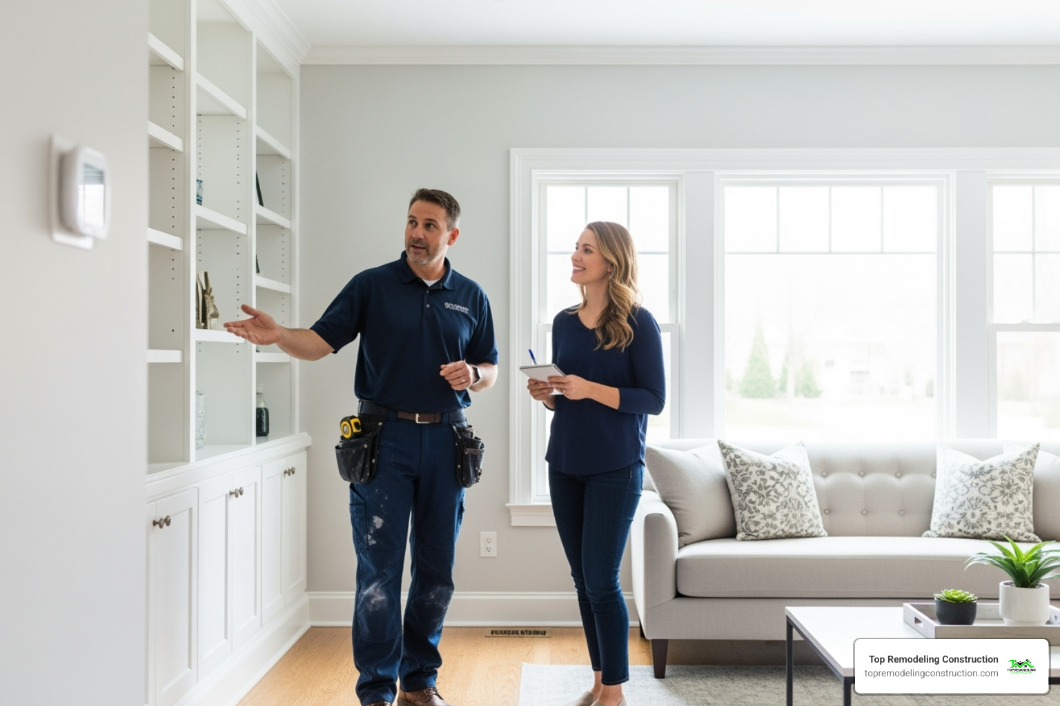 contractor and homeowner doing a final walkthrough - level up construction & remodeling contractor and homeowner doing a final walkthrough - level up construction & remodeling