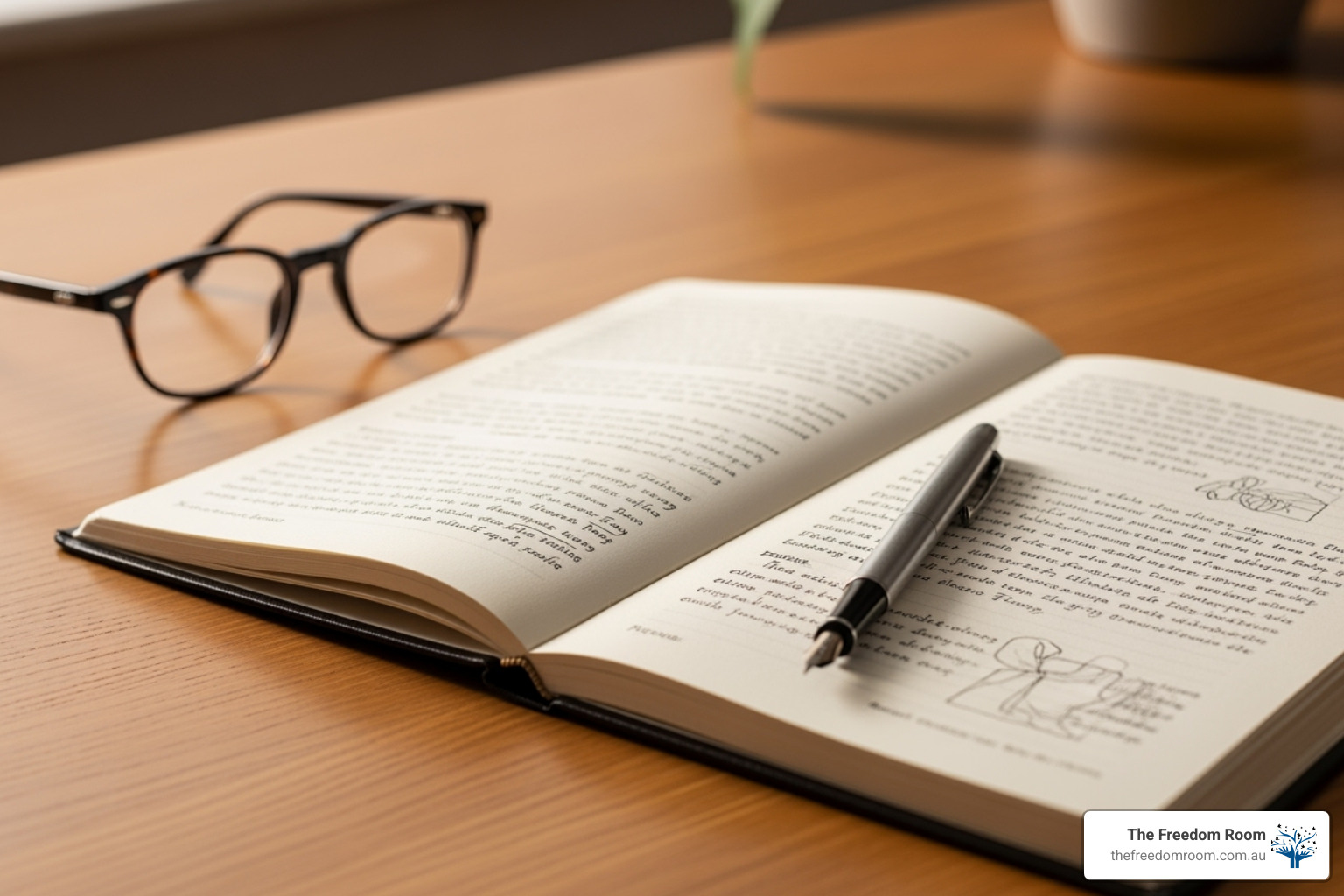 A journal with an open page, a pen resting on it, and a pair of spectacles nearby, all set on a calm, light-coloured background, suggesting reflection, planning, and personal growth. - mental health support