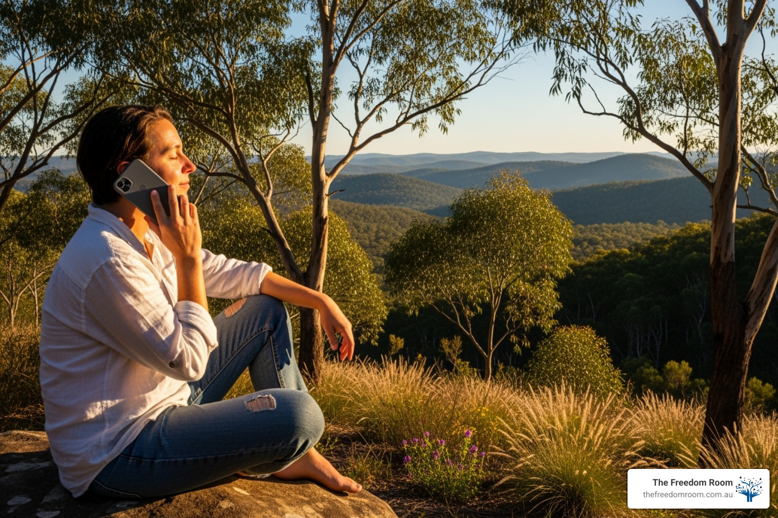 A person sitting calmly, holding a mobile phone to their ear, with a serene Australian bushland background, implying a sense of peace and connection during a difficult moment. - mental health support
