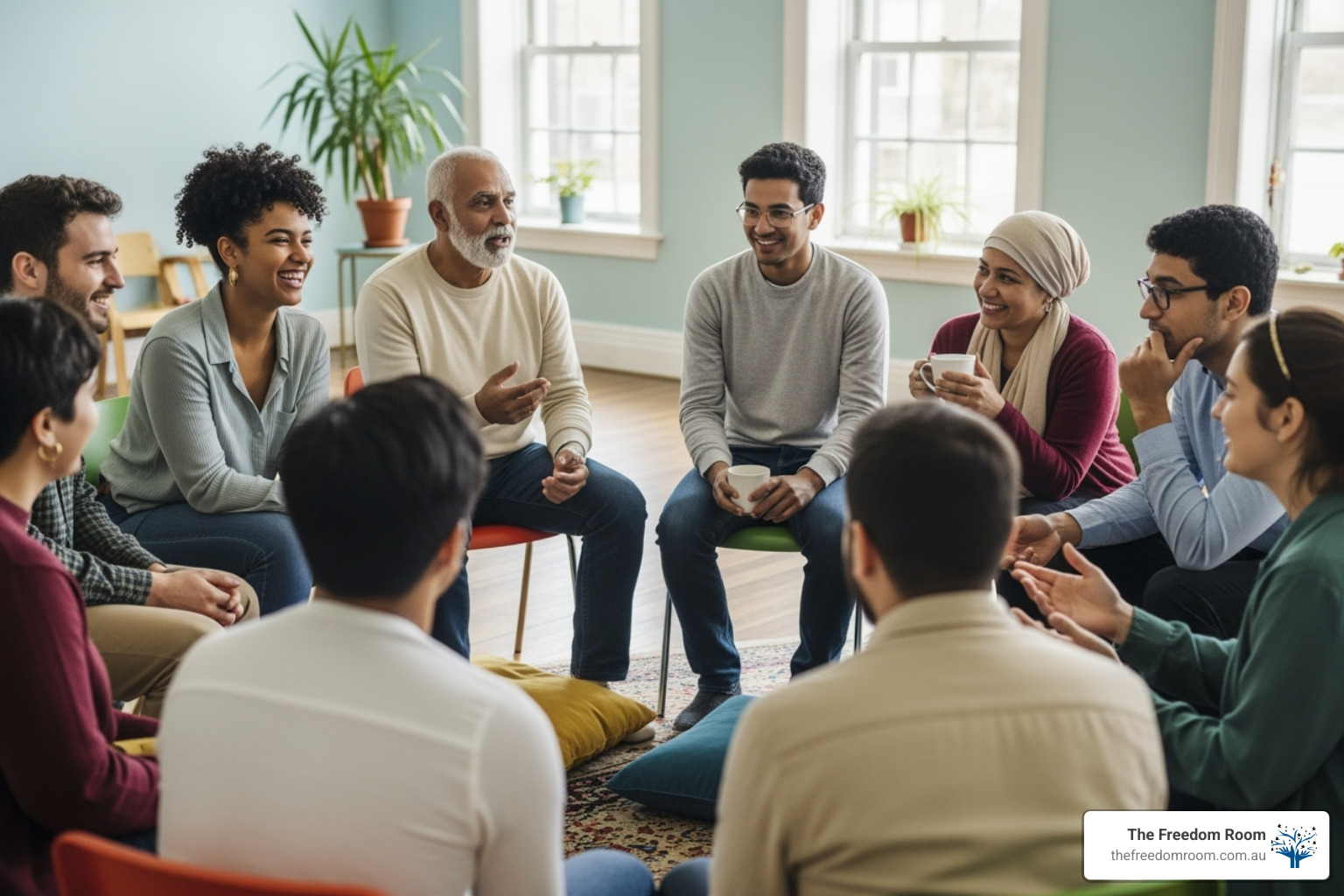 A diverse group of people of various ages and backgrounds are sitting in a circle, engaged in conversation and smiling, indicating a supportive community gathering or group therapy session in an Australian setting. - mental health support