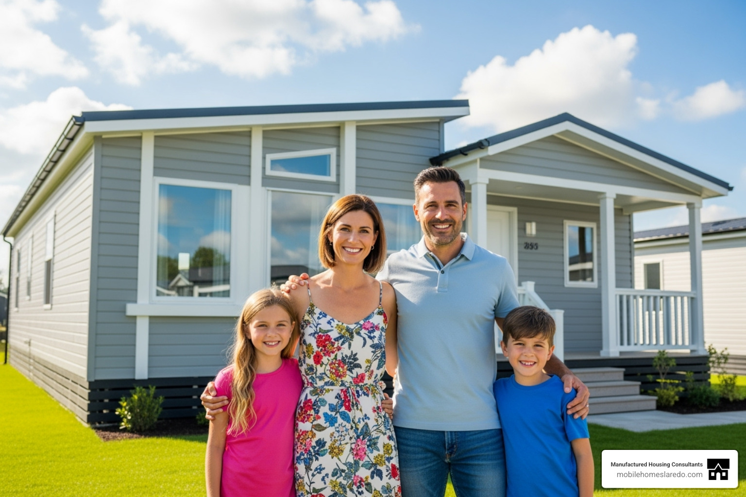 happy family in front of their new double-wide home - brand new double wide trailer price happy family in front of their new double-wide home - brand new double wide trailer price