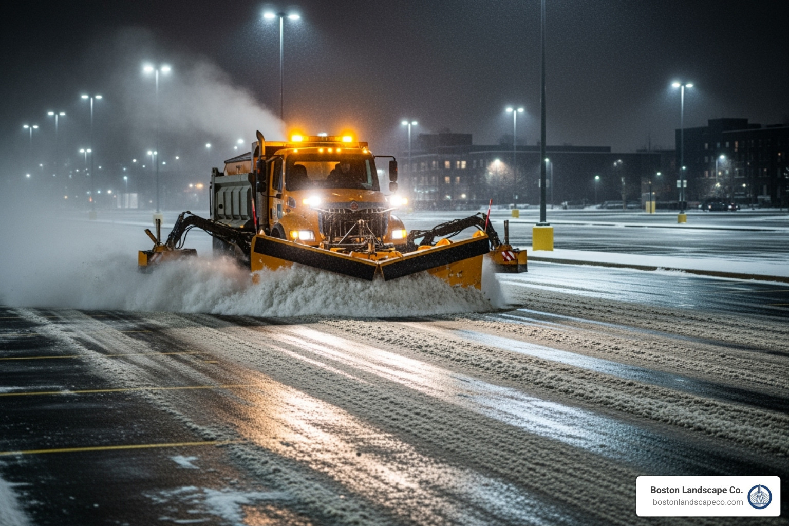 commercial snow plow with wings clearing a parking lot at night - parking lot snow commercial snow plow with wings clearing a parking lot at night - parking lot snow