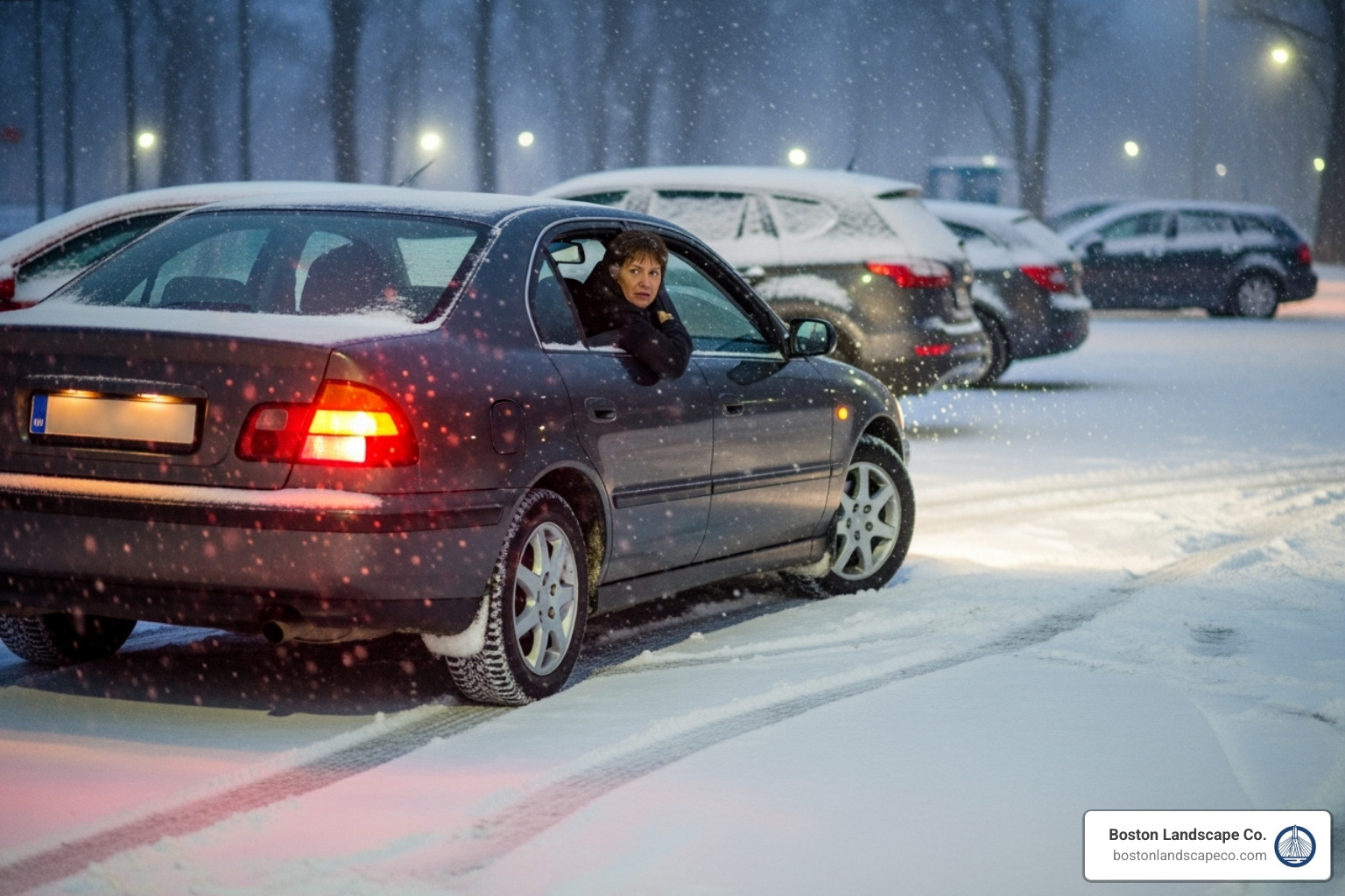 car struggling to park in snowy lot - parking lot snow car struggling to park in snowy lot - parking lot snow