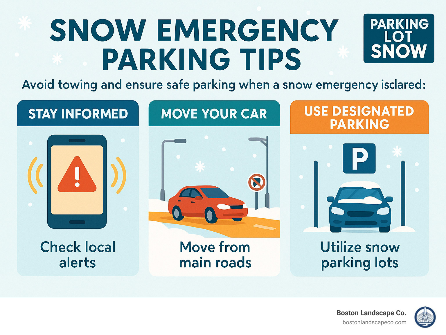 Infographic showing 3 key steps to take when a snow emergency is declared to avoid towing and ensure safe parking, including checking local alerts, moving vehicles from main roads, and utilizing designated snow parking lots. - parking lot snow infographic Infographic showing 3 key steps to take when a snow emergency is declared to avoid towing and ensure safe parking, including checking local alerts, moving vehicles from main roads, and utilizing designated snow parking lots. - parking lot snow infographic