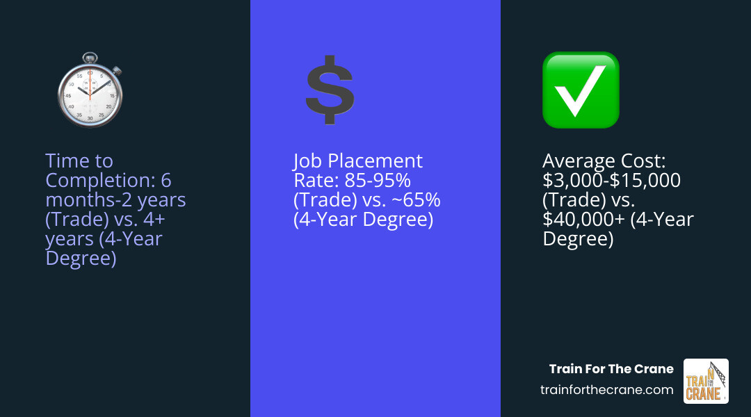 Benefits of trade school vs 4-year degree showing completion time of 6 months to 2 years for trade school versus 4 years for college, average costs of $3,000-$15,000 versus $40,000+, and job placement rates of 85-95% for trades versus 65% for college graduates - trade schools in evansville indiana infographic 3_facts_emoji_blue