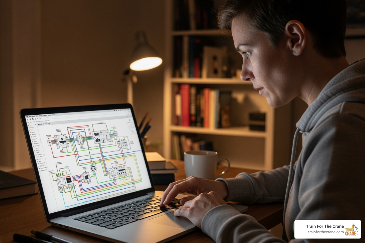 person using a laptop for an online class with trade-specific diagrams on screen - trade schools in evansville indiana