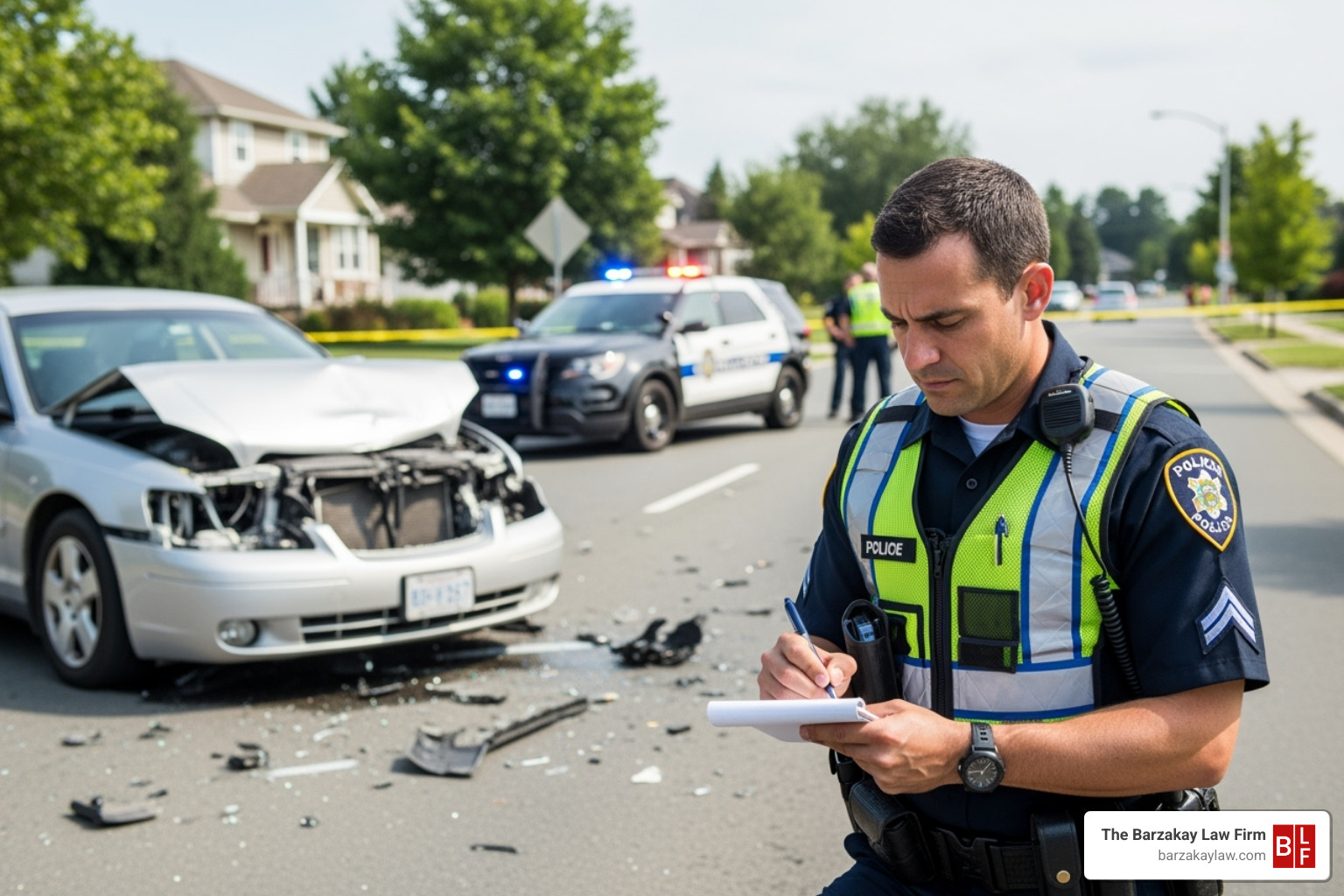 Image of a police officer taking notes at an accident scene with a damaged car in the background - lyft car accident settlement