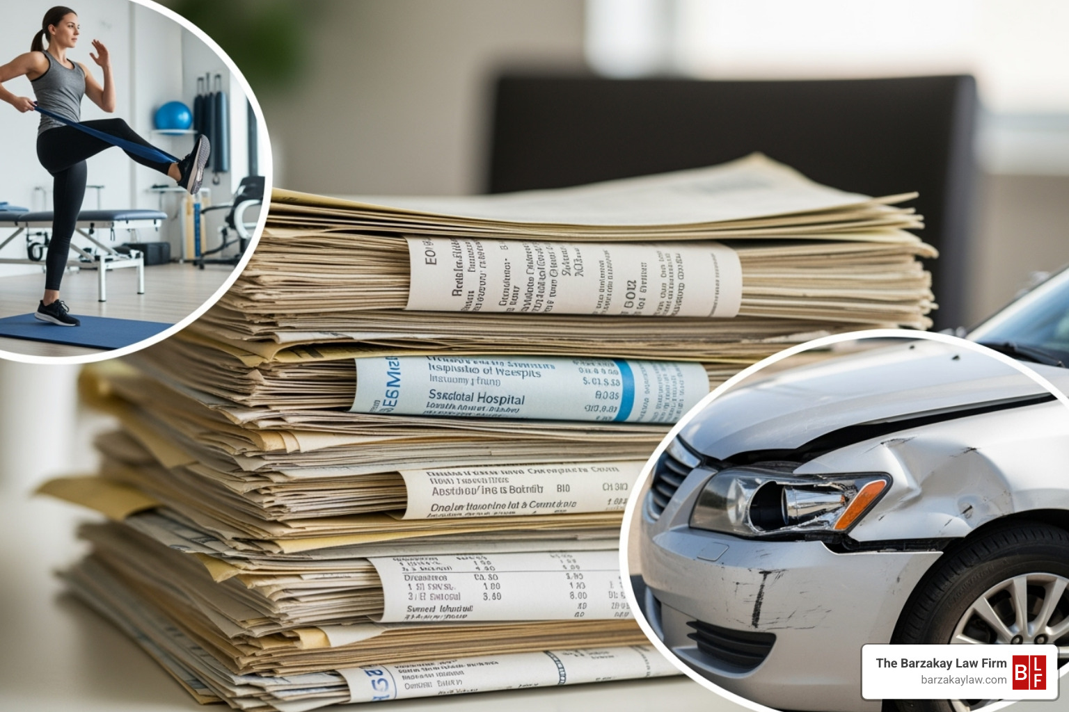 Image of a collage showing medical bills, a person in physical therapy, and a damaged car - lyft car accident settlement