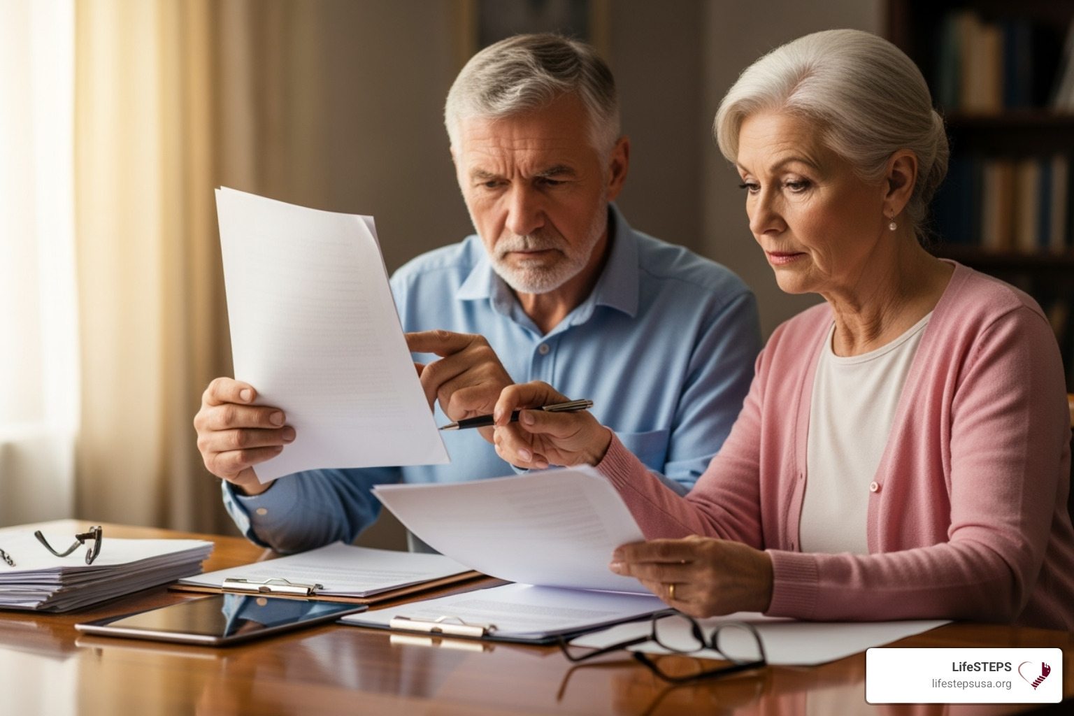 senior couple reviewing paperwork - senior living apartments based on income near me