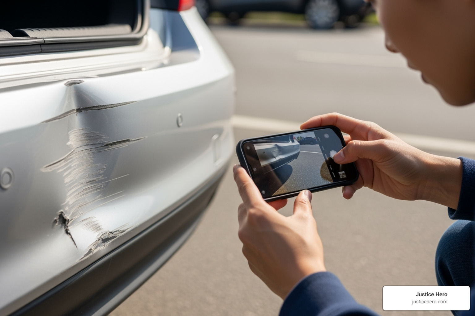 driver taking photos of car damage - rear end accident lawsuit driver taking photos of car damage - rear end accident lawsuit