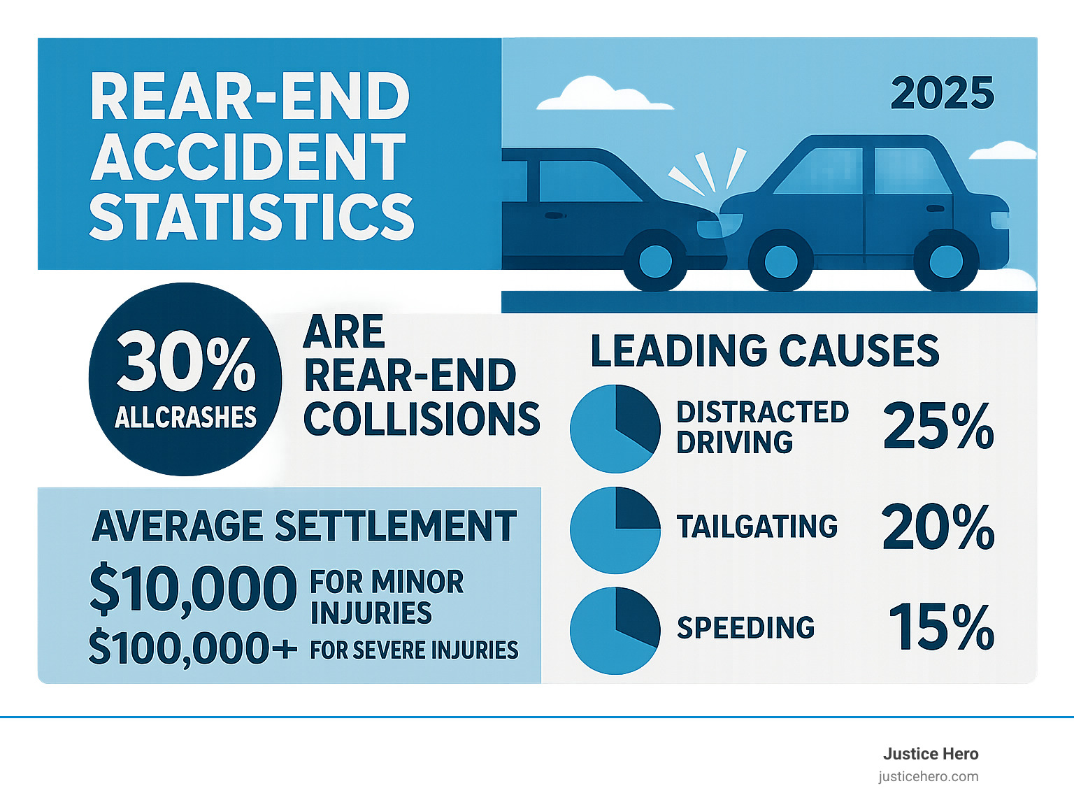 Infographic showing rear-end accident statistics: 30% of all crashes are rear-end collisions, leading causes include distracted driving (25%), tailgating (20%), and speeding (15%), with average settlement ranges from $10,000 for minor injuries to $100,000+ for severe injuries - rear end accident lawsuit infographic Infographic showing rear-end accident statistics: 30% of all crashes are rear-end collisions, leading causes include distracted driving (25%), tailgating (20%), and speeding (15%), with average settlement ranges from $10,000 for minor injuries to $100,000+ for severe injuries - rear end accident lawsuit infographic