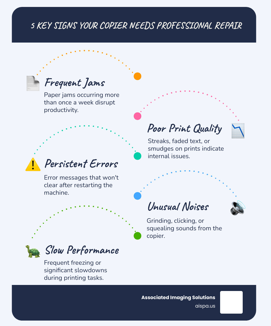 Infographic showing the top 5 warning signs your copier needs professional repair: frequent paper jams, declining print quality with streaks or fading, persistent error messages, unusual mechanical noises, and slow or freezing performance during print jobs - copier repairs infographic infographic-line-5-steps-blues-accent_colors