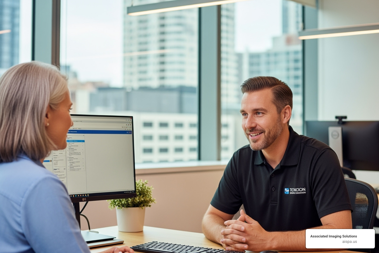 A friendly local technician speaking with a client in an office setting - copier repairs