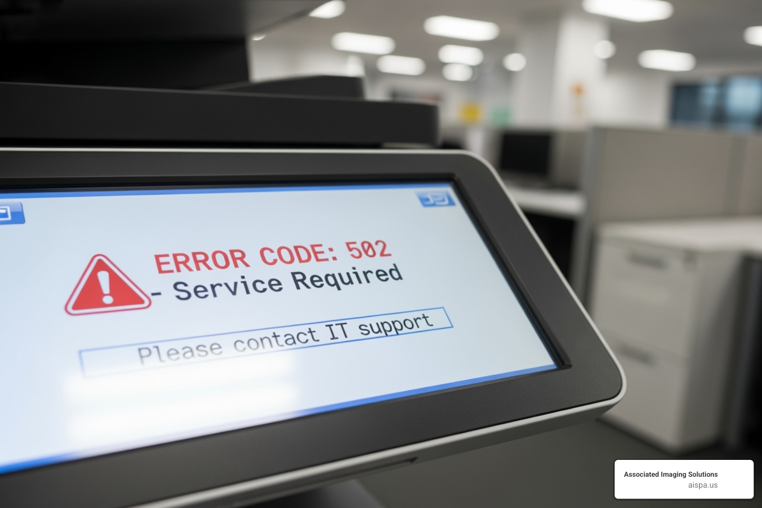A copier's screen showing an error code, with a blurred office background - copier repairs