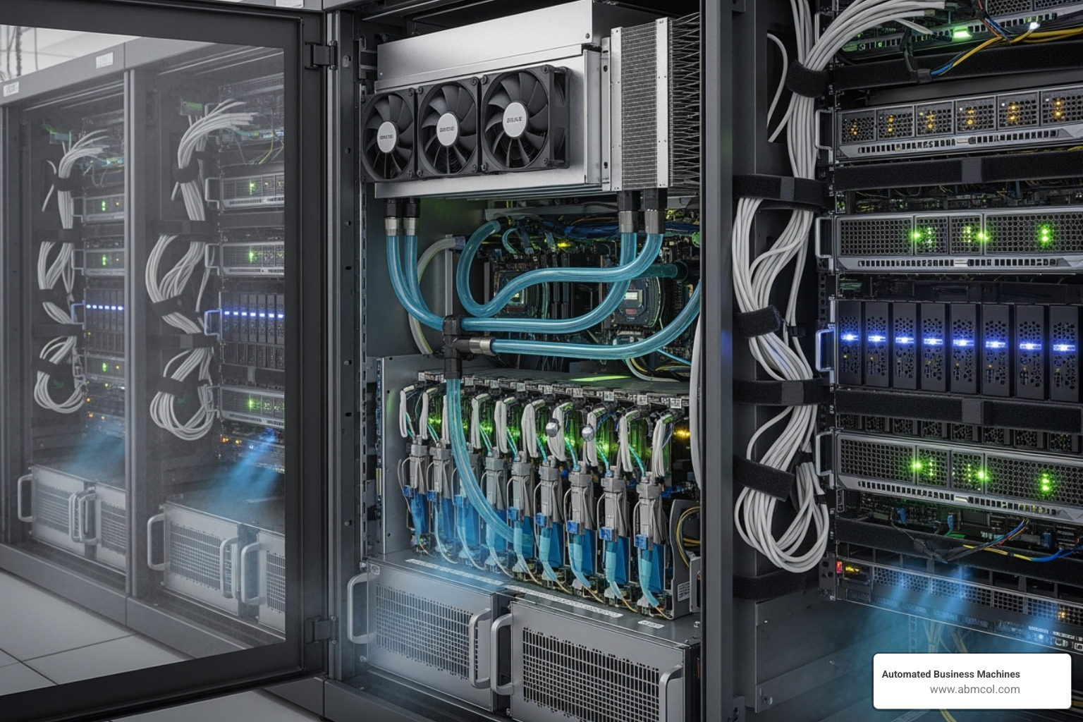 Image of a data center server rack with visible cooling systems - advanced heat transfer solutions