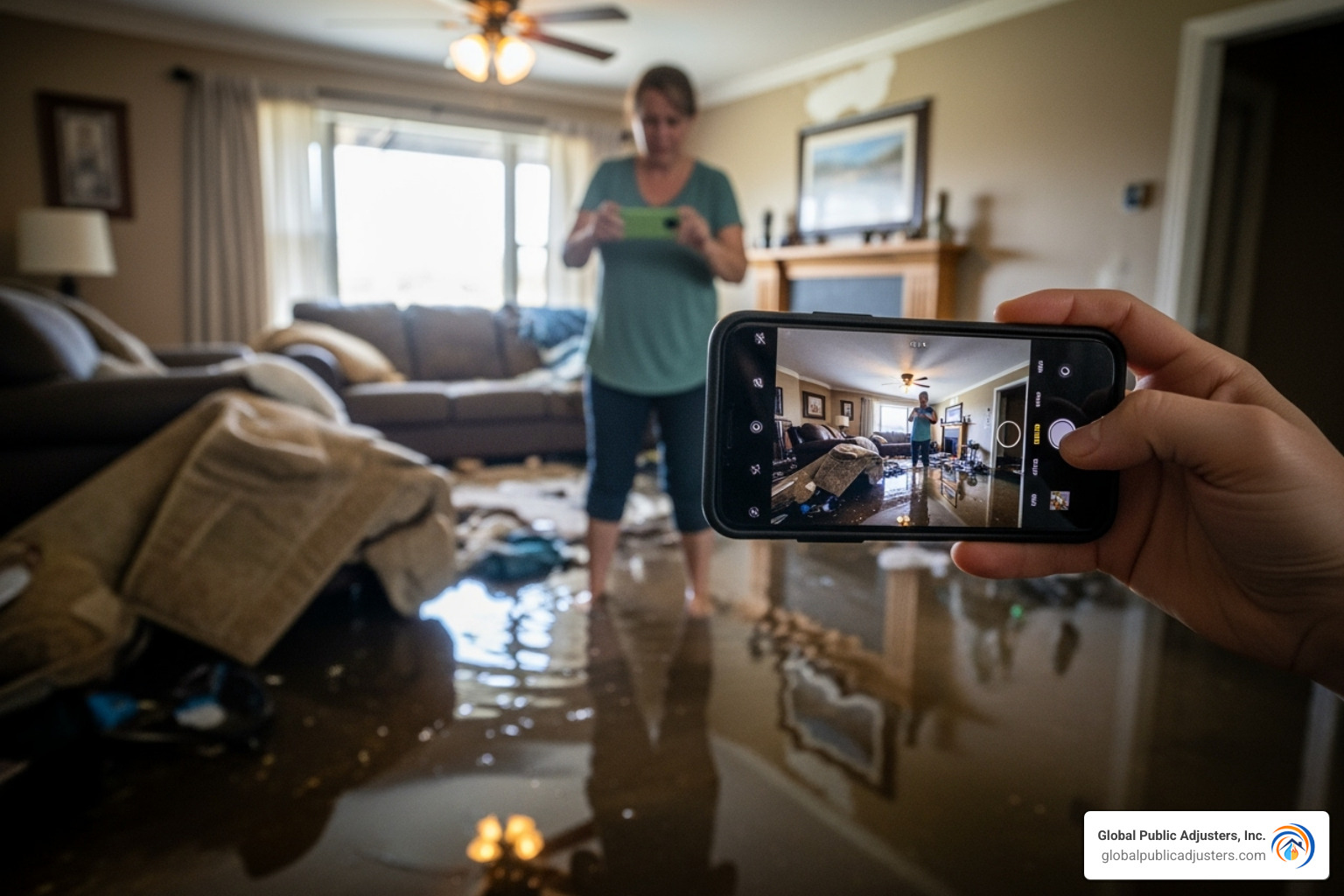 A homeowner taking photos of flood damage in a flooded room with a smartphone - flood damage insurance claims