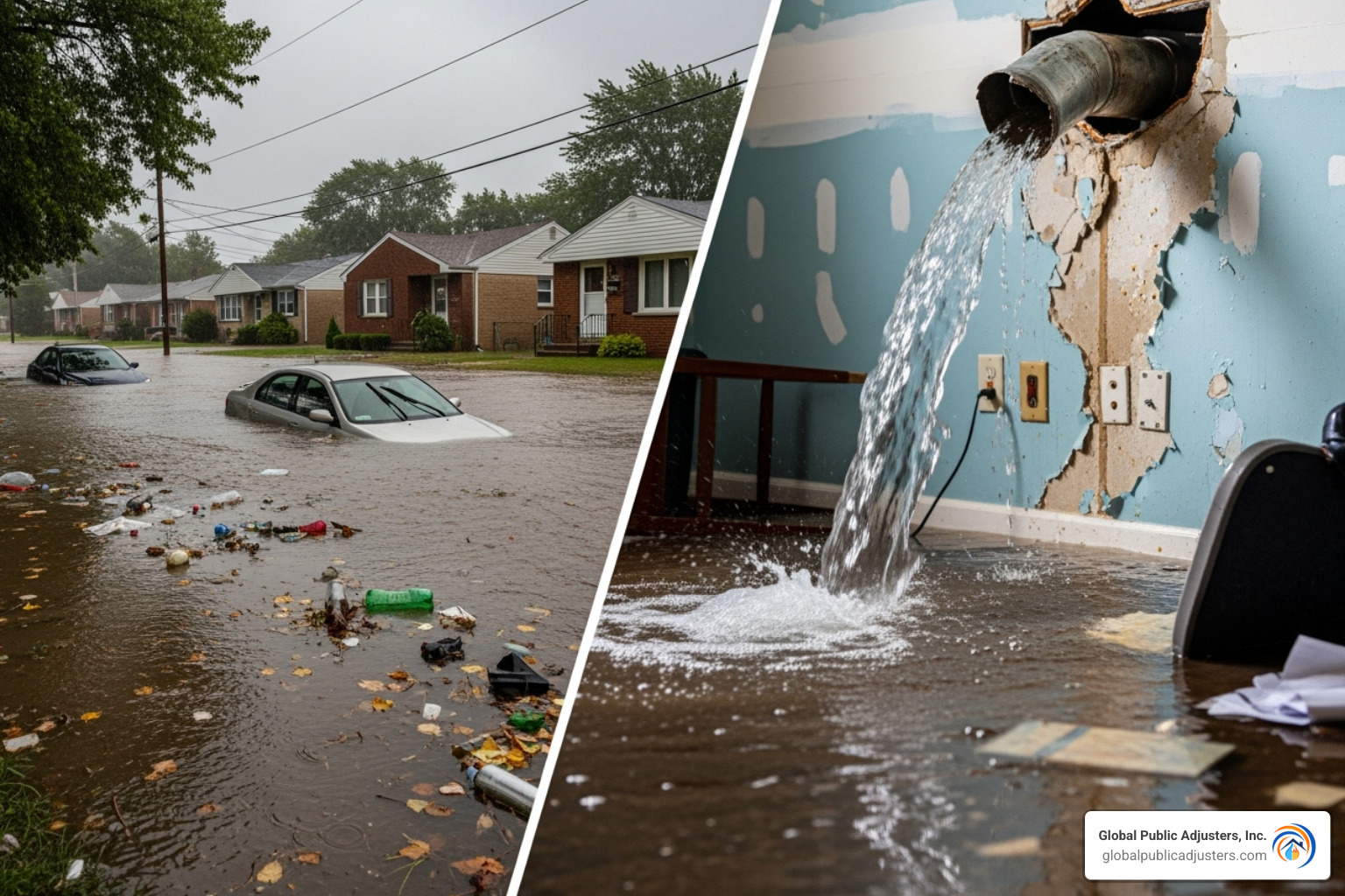 split screen showing a flooded street on one side and a burst pipe causing water damage inside a home on the other - flood damage insurance claims