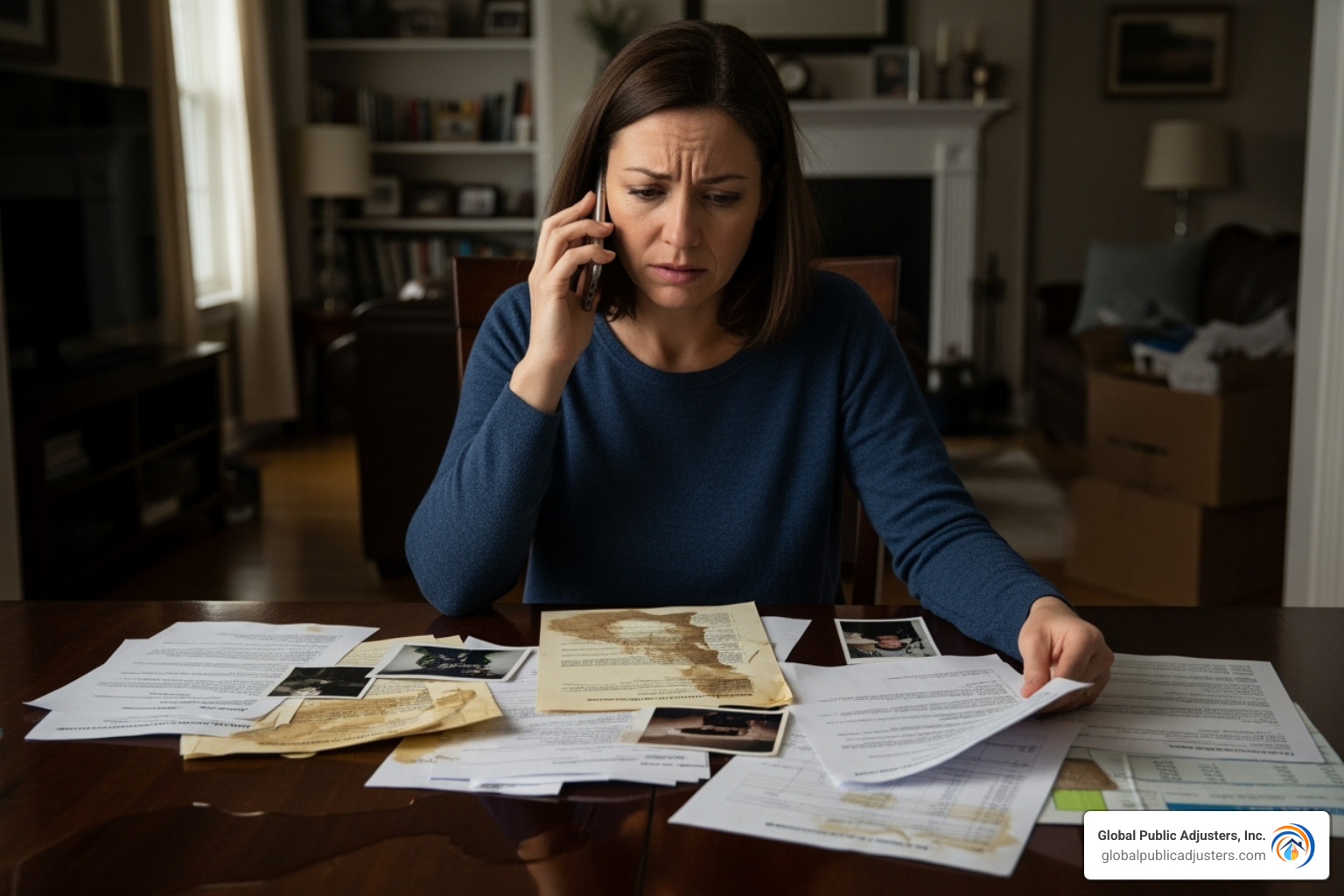 A homeowner on the phone with their insurance agent, looking at damaged documents - flood damage insurance claims