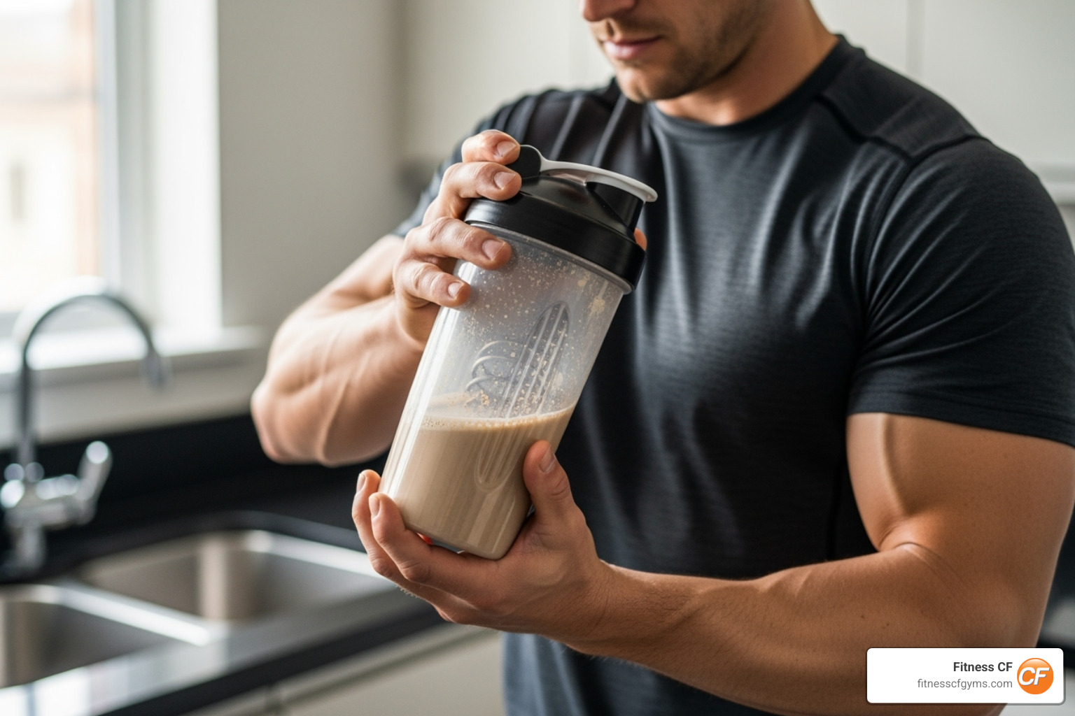 person mixing a mass gainer shake in a shaker bottle - mass gainer