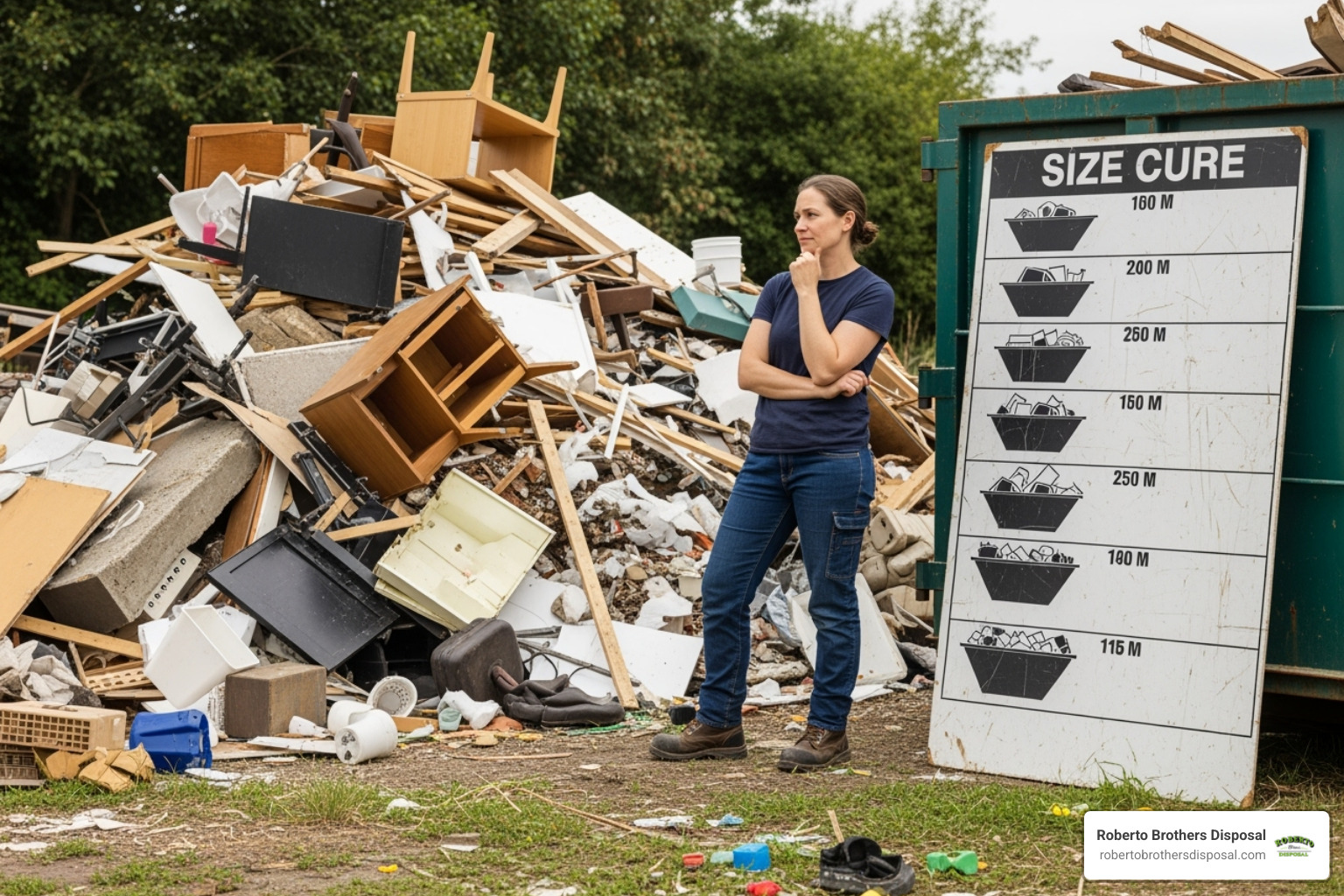 A person looking at a pile of debris and a size-chart, contemplating the right dumpster size - local dumpster companies near me
