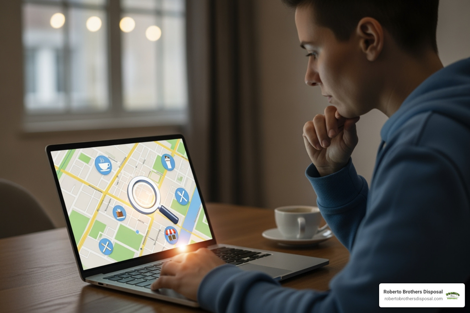 A person on a laptop searching for local businesses, with a magnifying glass icon - local dumpster companies near me