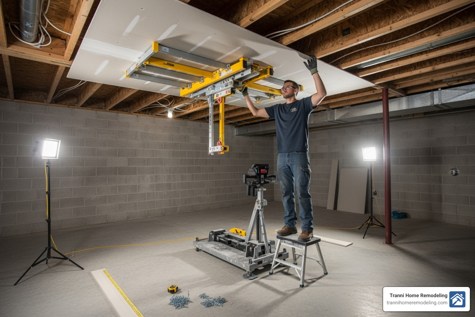 A professional using a drywall lift to position a sheet on the ceiling, emphasizing safety and proper technique - basement ceiling drywall installation