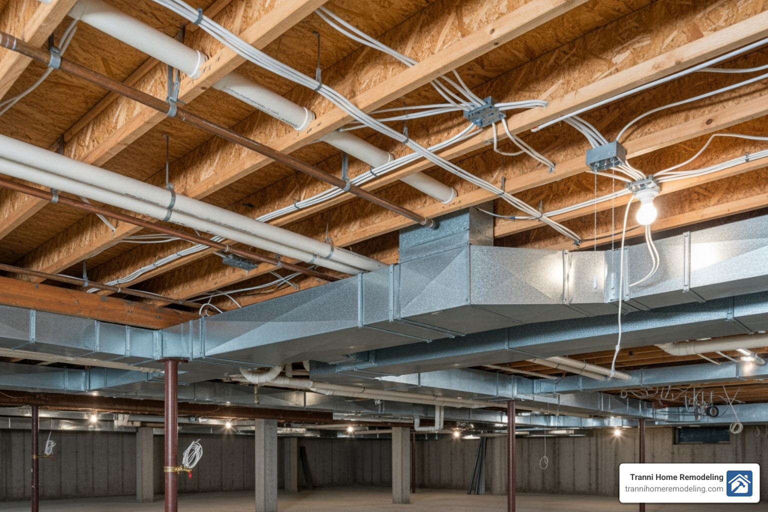 A basement ceiling with exposed joists, pipes, and ductwork, illustrating the complexities before drywall installation - basement ceiling drywall installation