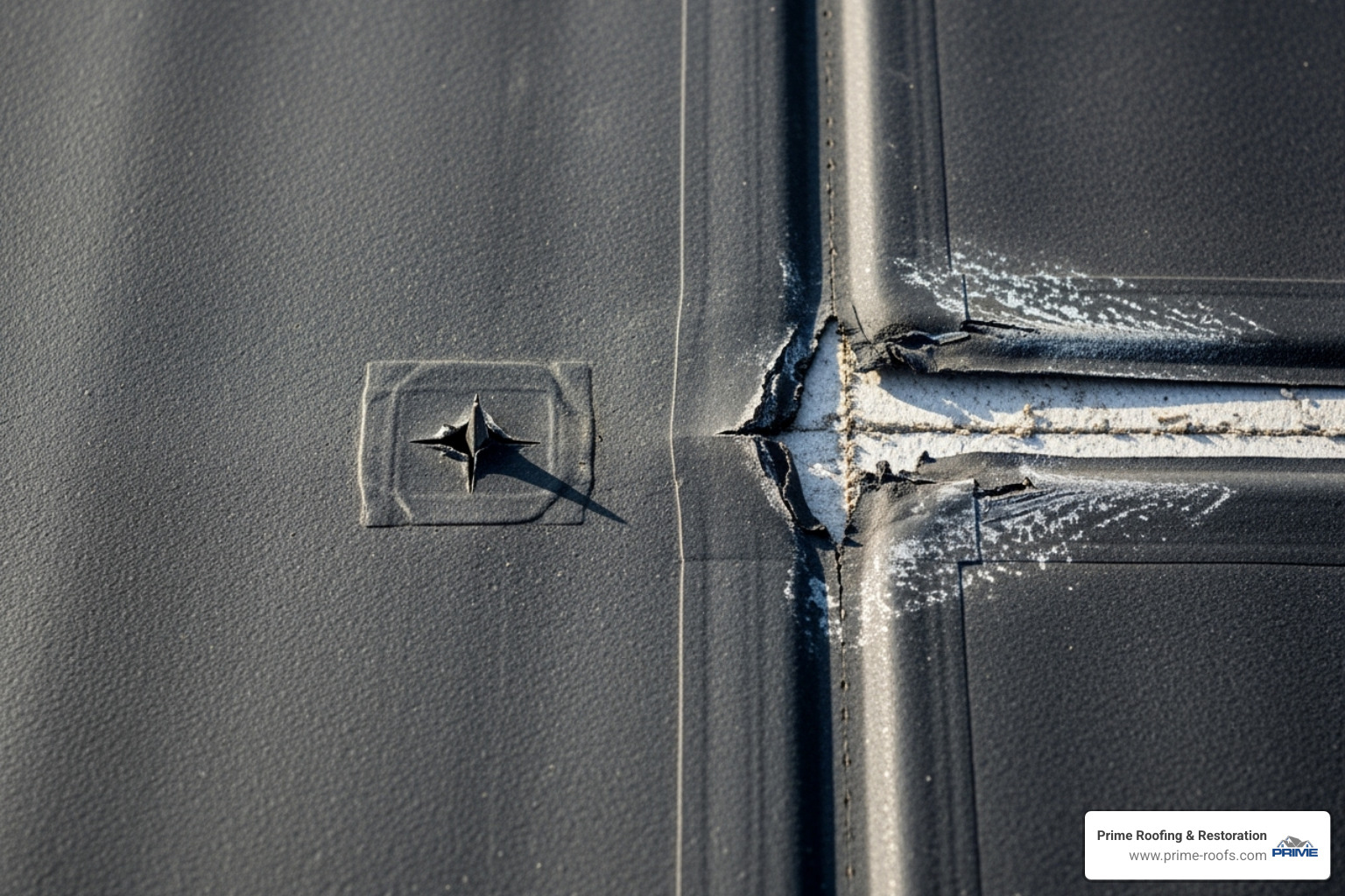 Common EPDM damage like a small puncture and a separated seam - EPDM roof repair