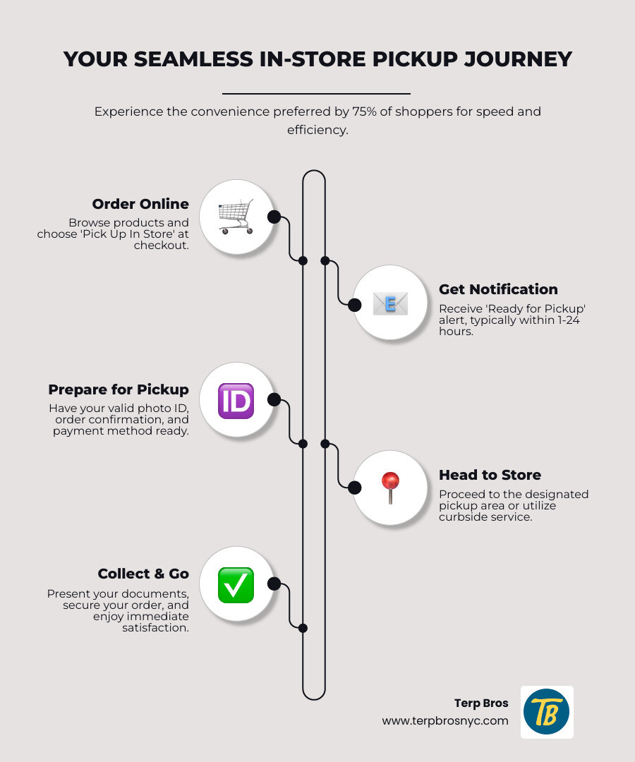 Infographic showing BOPIS process flow from online order to in-store pickup with statistics on customer preference rates and average pickup times - buy and pick up in store infographic infographic-line-5-steps-neat_beige