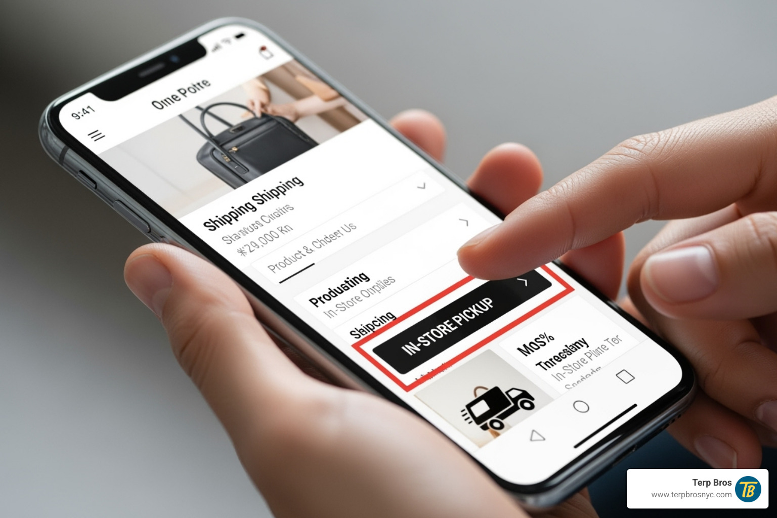 Person using their phone to select the "in-store pickup" option on the Terp Bros website - buy and pick up in store