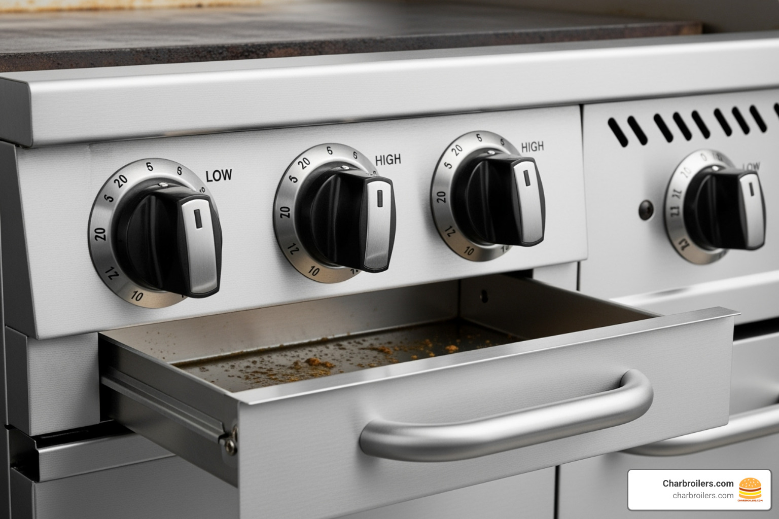 close-up of the stainless steel grease drawer and control knobs - atosa griddle