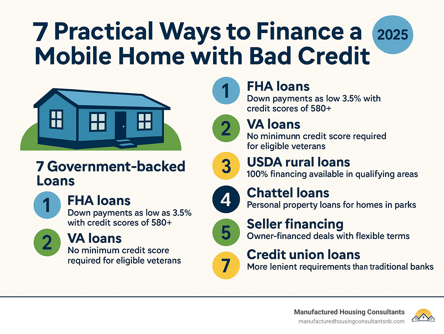 Detailed infographic showing 7 financing paths for mobile homes with bad credit, including government-backed loans, alternative financing options, and approval requirements for each type - mobile home with bad credit infographic 