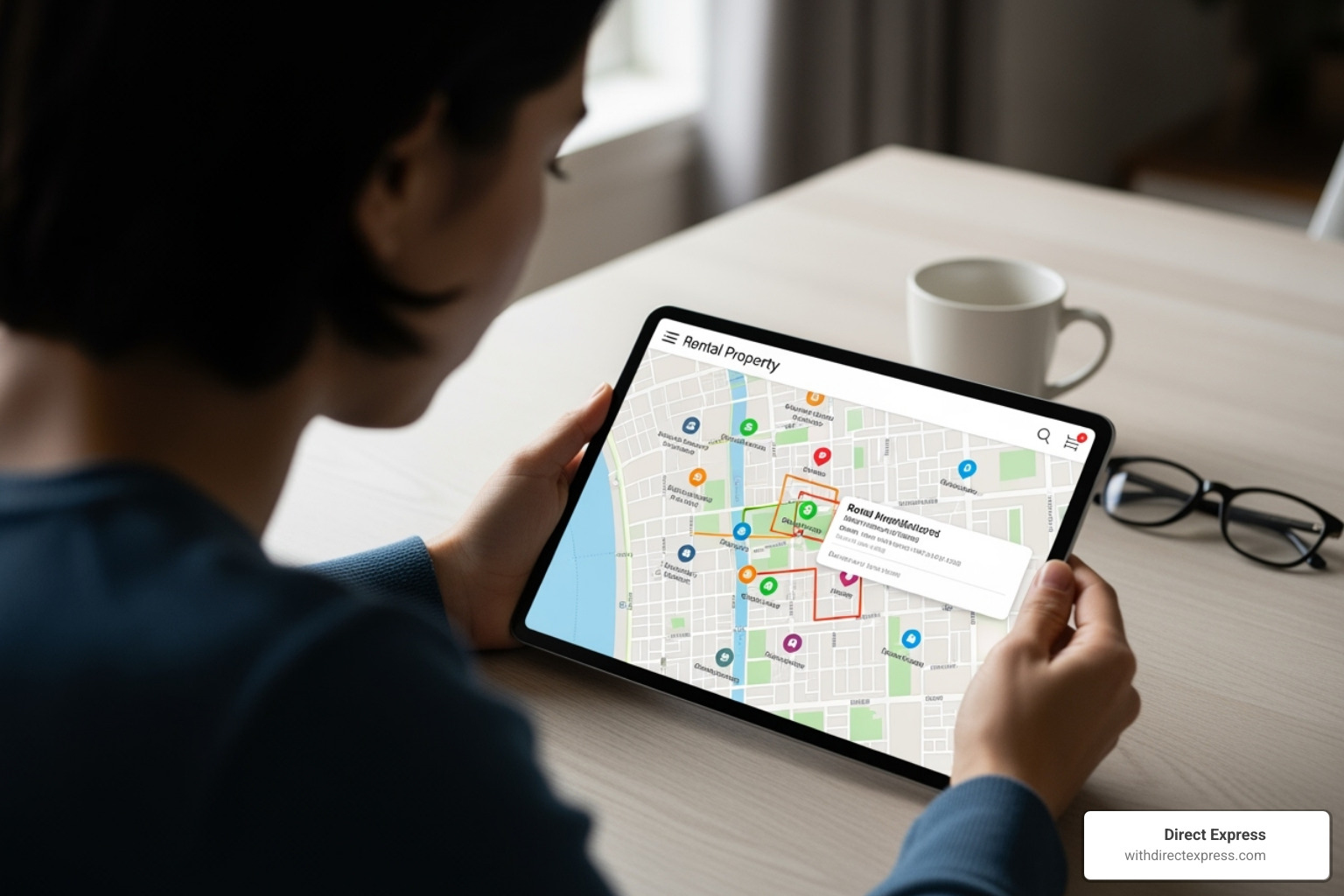 Person browsing a rental map on a tablet - tiny homes for rent near me