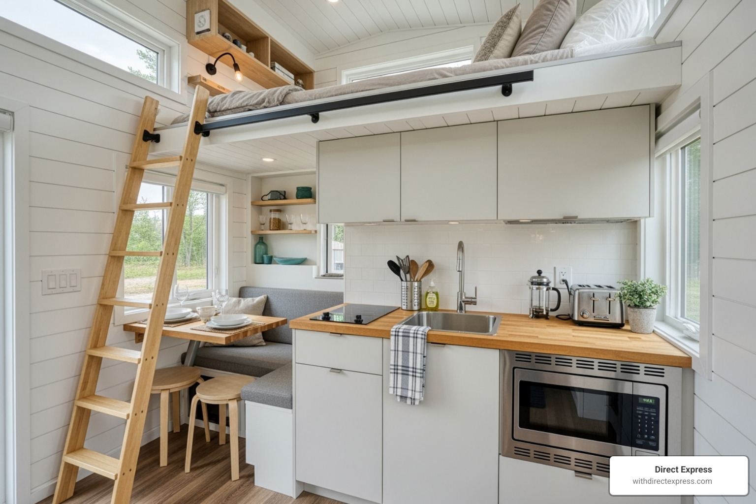 Interior of a modern tiny home showing a compact kitchen and loft bed - tiny homes for rent near me