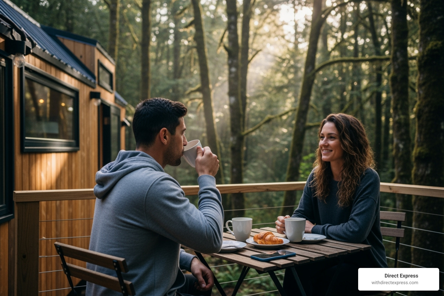 Couple enjoying coffee on the private deck of a tiny home - tiny homes for rent near me