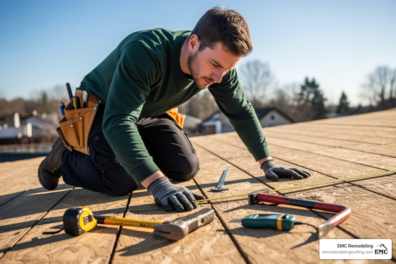roofer inspecting wooden roof deck - cost to replace underlayment on tile roof