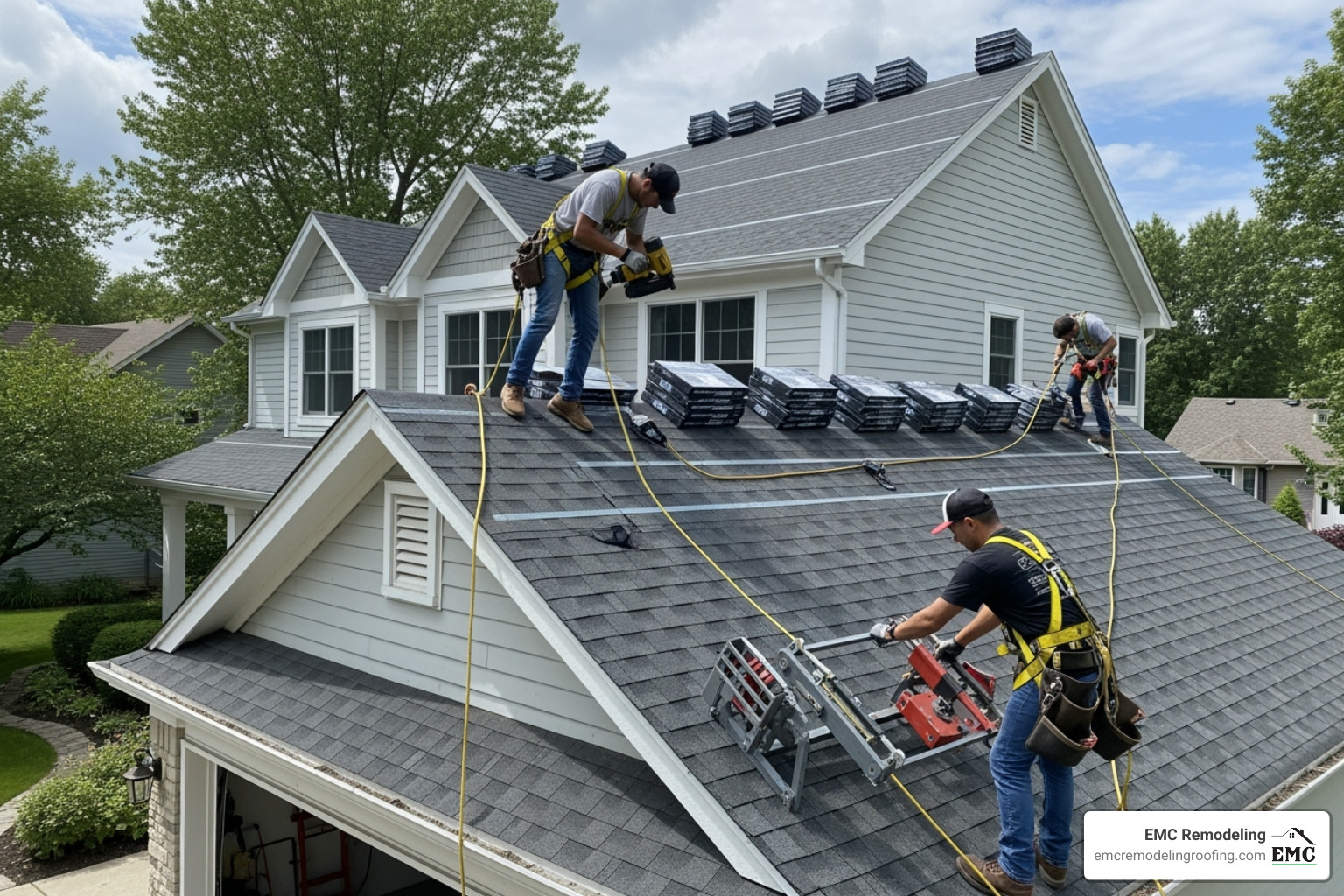 A steep-pitched garage roof requiring extra safety equipment for installation - garage roof replacement cost