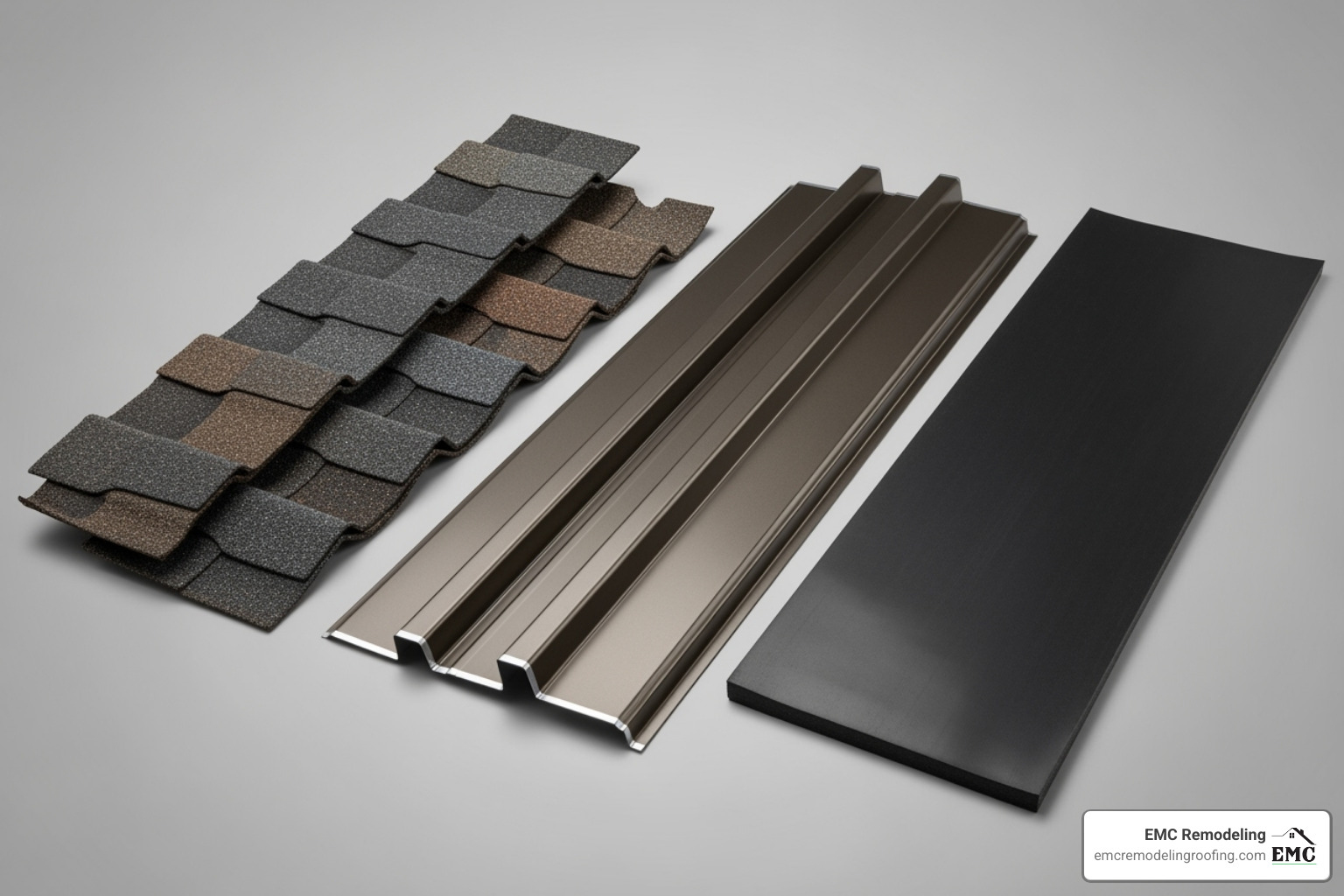 Samples of asphalt shingles, metal panels, and EPDM rolls for roofing - garage roof replacement cost