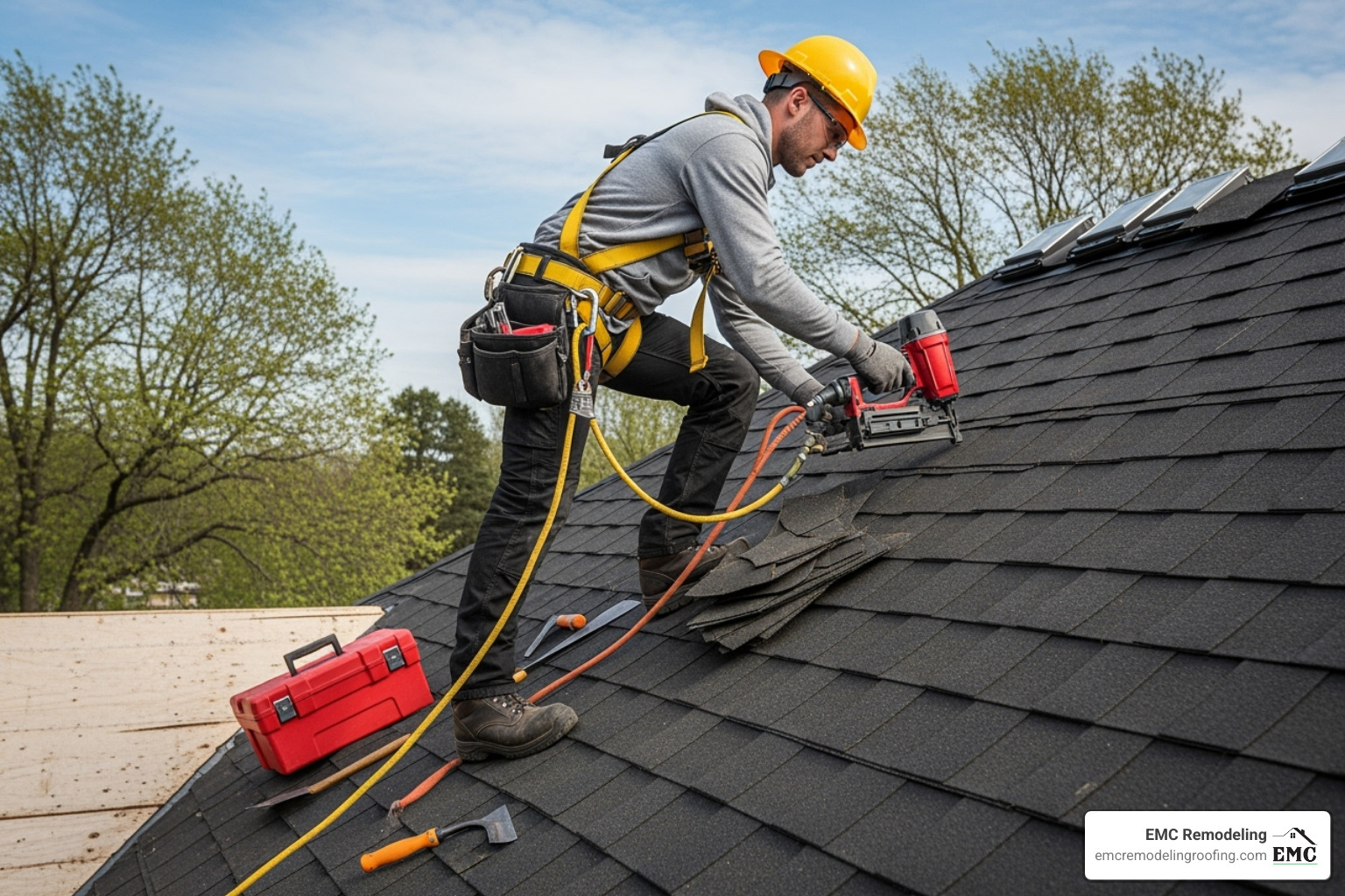 roofer in full safety gear on a roof - roof replacement
