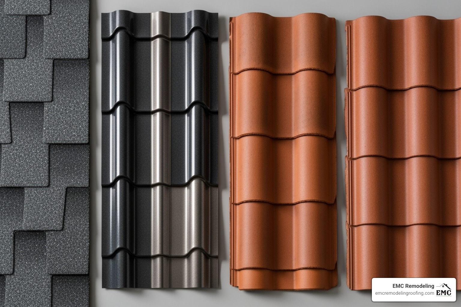 various roofing material samples like asphalt, metal, and tile - roof replacement