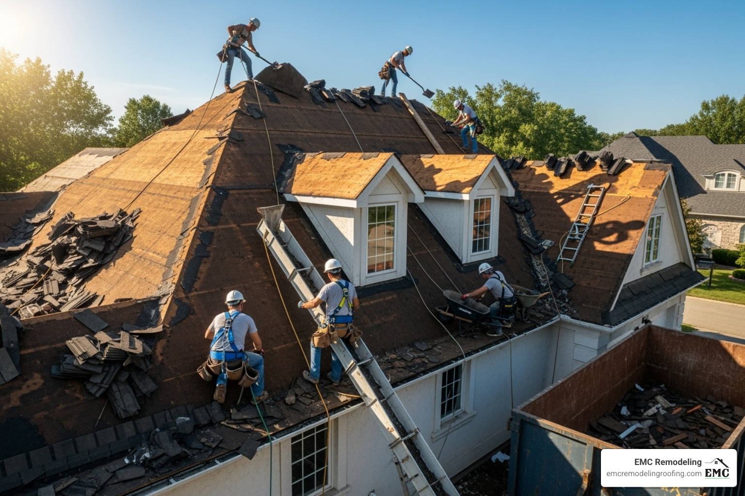 professional roofing crew working on a roof tear-off - roof replacement