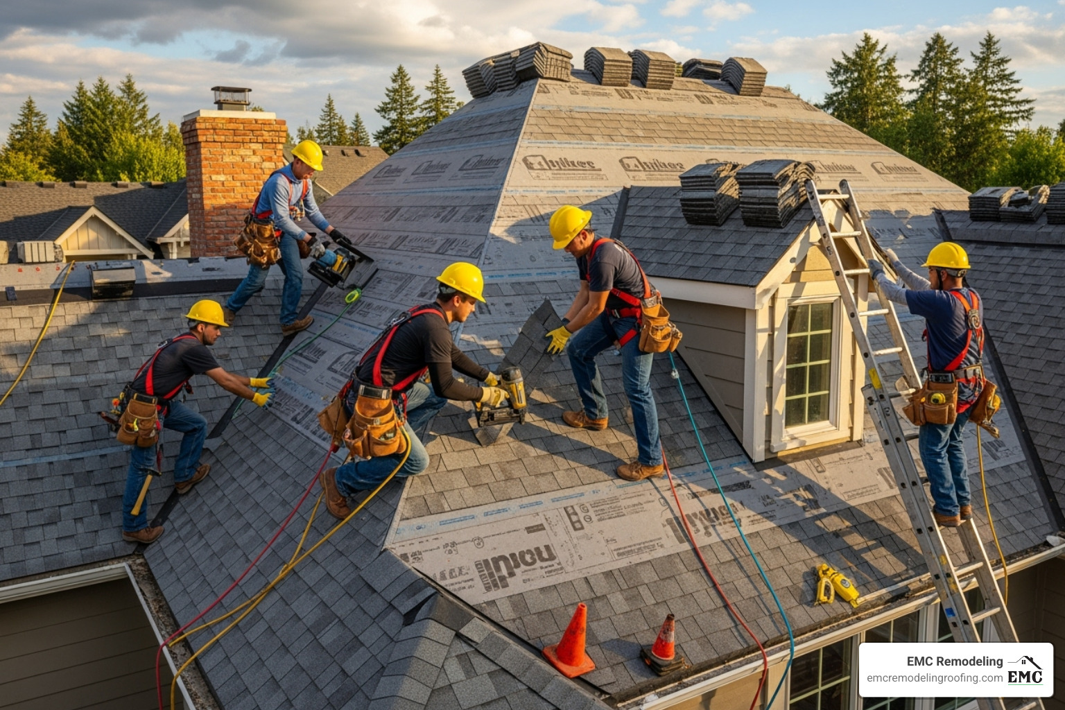 A team of professional roofers working safely on a complex roof installation, wearing hard hats and safety harnesses - experienced roofing company