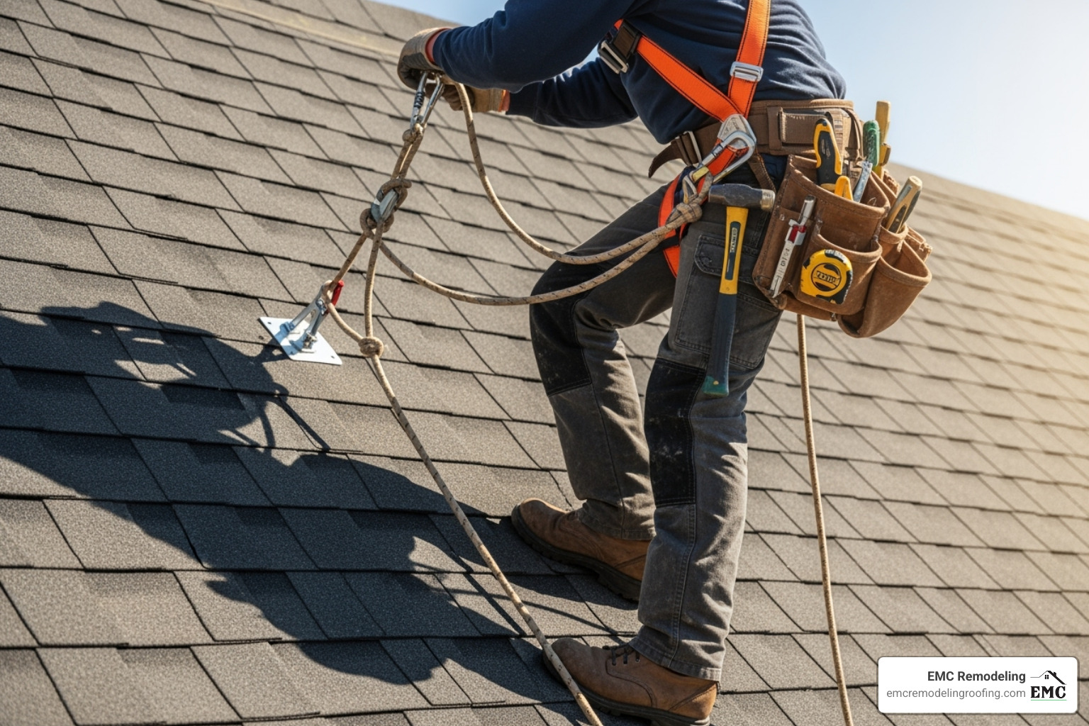 A roofer with safety harness and equipment, securely attached to a roof while working - experienced roofing company