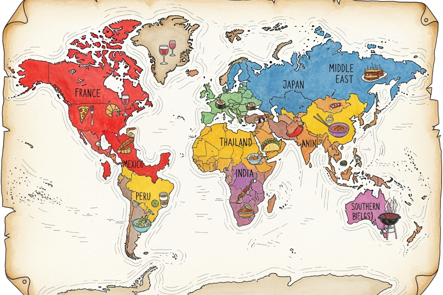 World map highlighting key culinary regions - Culinary tourism trends