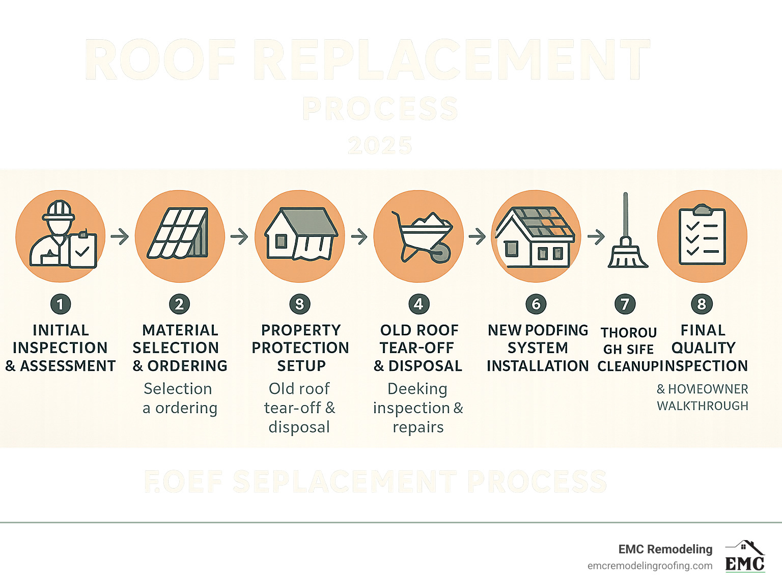 Comprehensive roof replacement process infographic showing the 8 key stages: initial inspection and assessment, material selection and ordering, property protection setup, old roof tear-off and disposal, decking inspection and repairs, new roofing system installation, thorough site cleanup, and final quality inspection with homeowner walkthrough - roof replacement infographic 